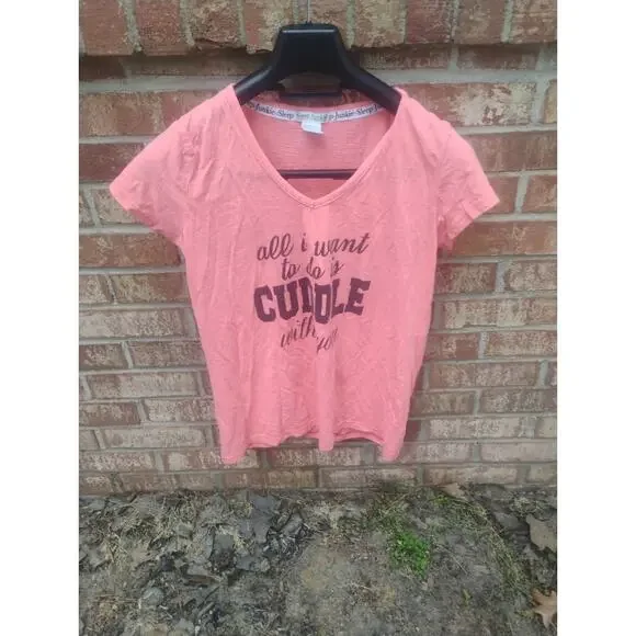 Sleep Junkie Women's Pink CUDDLE Graphic Sleep Tee V-Neck Pajama Shirt Size L - Picture 1 of 8